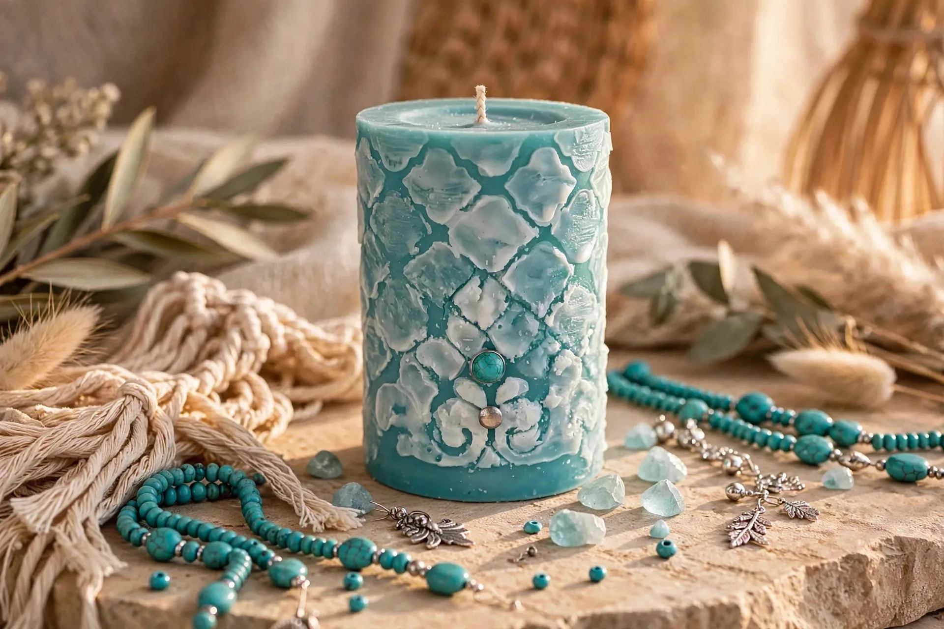 Coconut Soy Pillar Candle with Matcha and Bergamot Fragrance — styled home decor scene