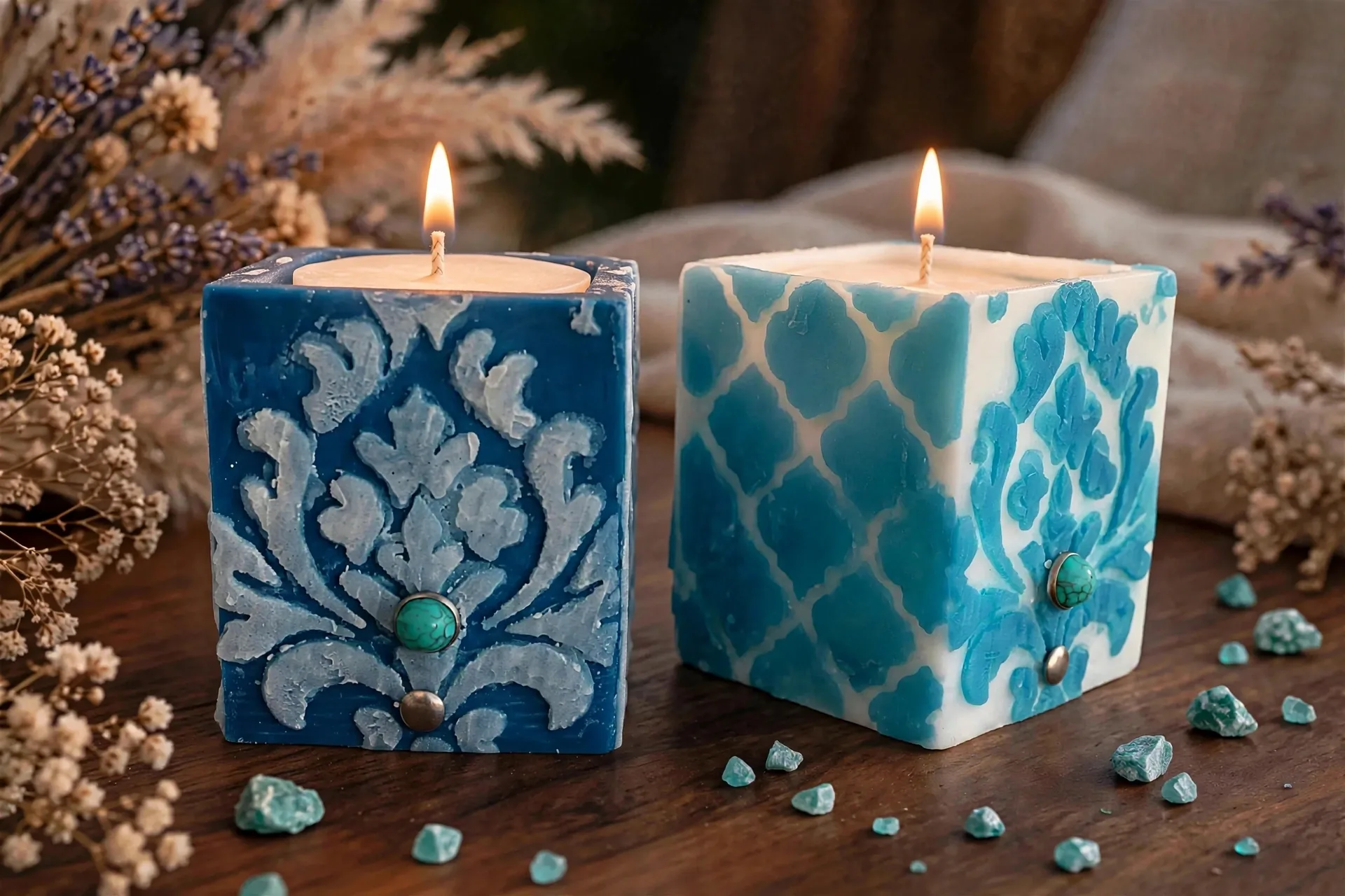 Cocosol Soy Wax Pillar Candle — lit with a warm flame