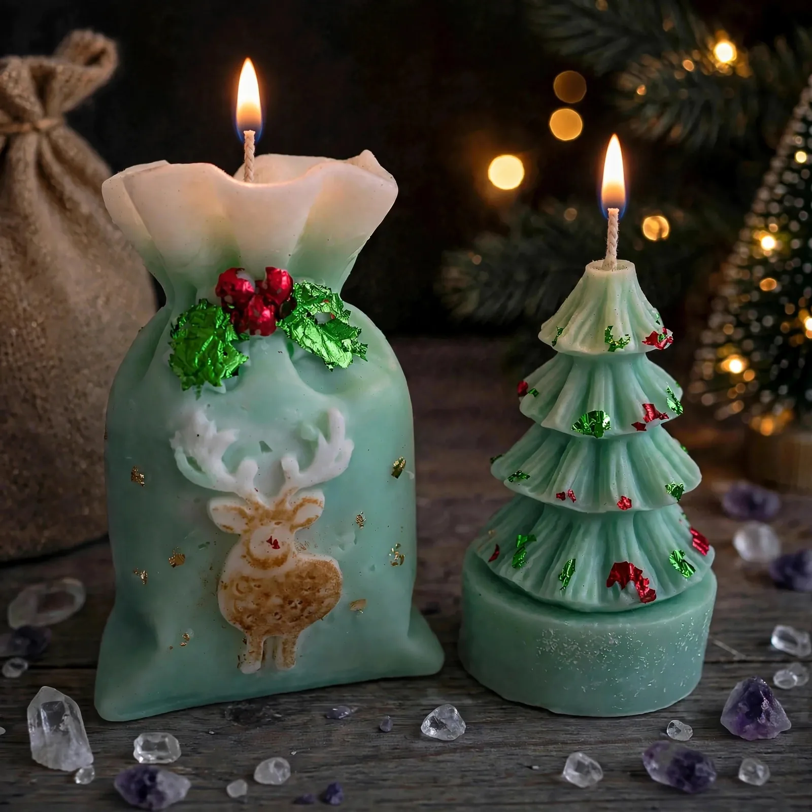 Alpine Balsam Holiday Candle — lit with a warm flame
